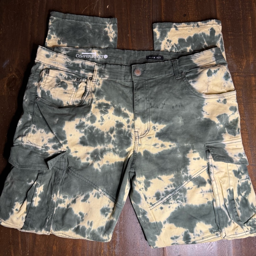 Copper Rivet Bleached Green  Tie-Dye Cargo Pants Slim Fit 40/32